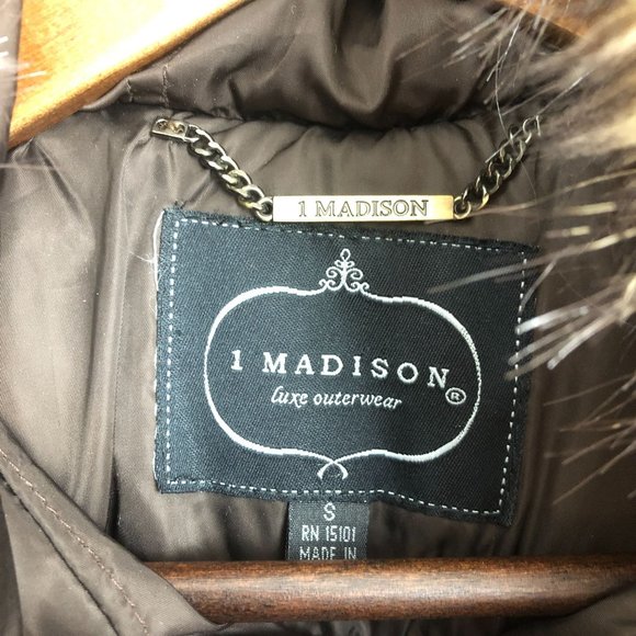 1 Madison Women's Size Small Brown Full Zip Down Puffer Jacket Faux Fur Hood - Picture 5 of 10